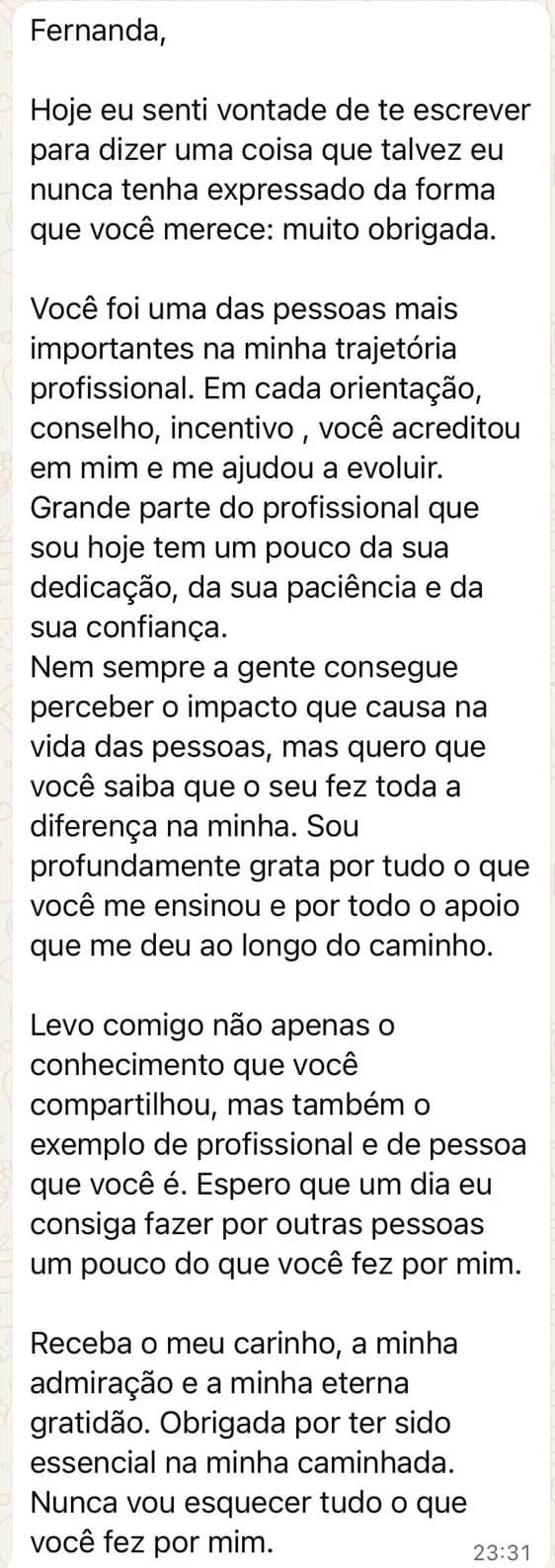 Print da mensagem da Josélia Cesário para a Fernanda no WhatsApp
